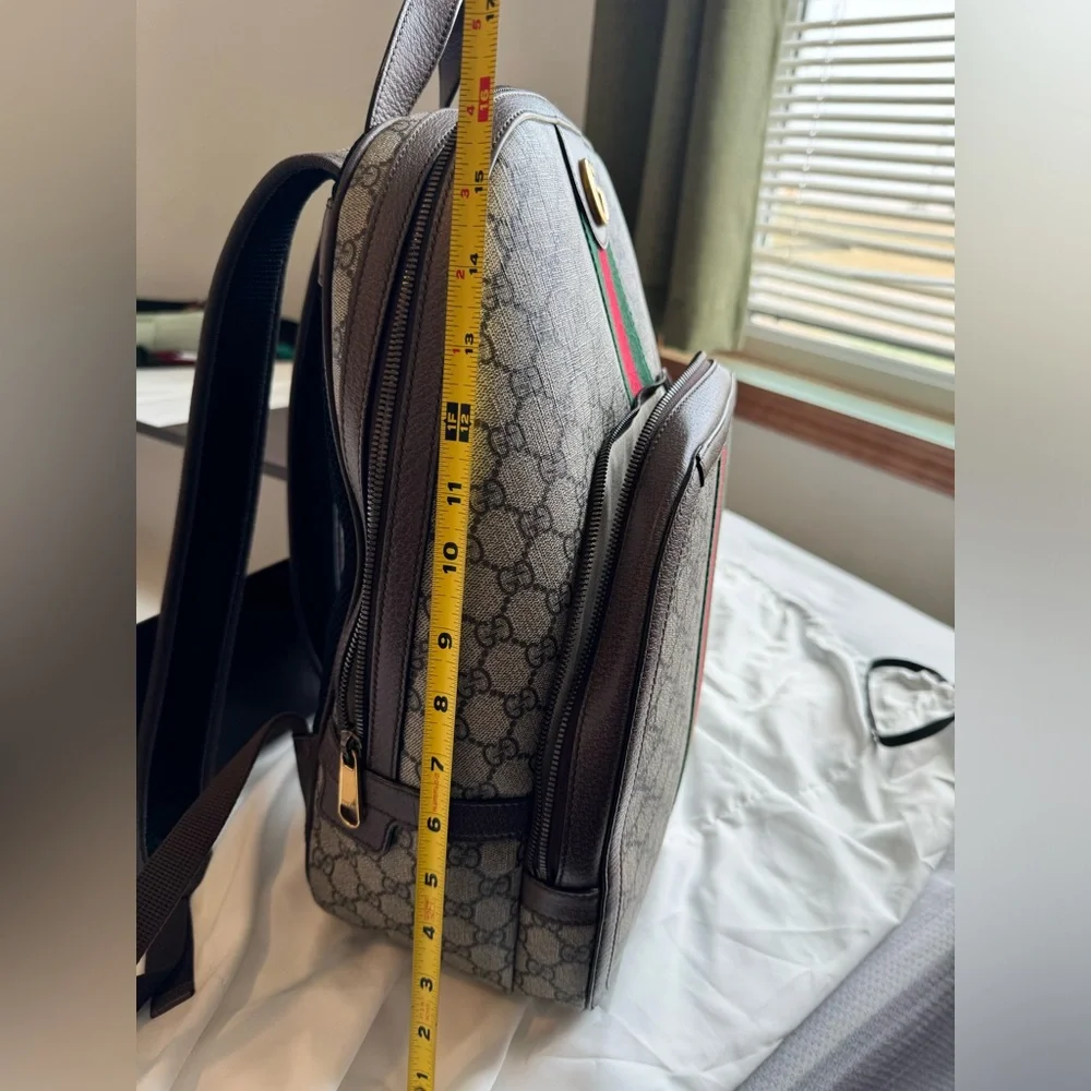 Gucci Beige GG Canvas Backpack with Brown Leather and Red/Green Web